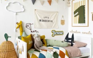 Colorful and playful kids' room decor and accessories including rugs, wall decals, cushions, and toy storage solutions