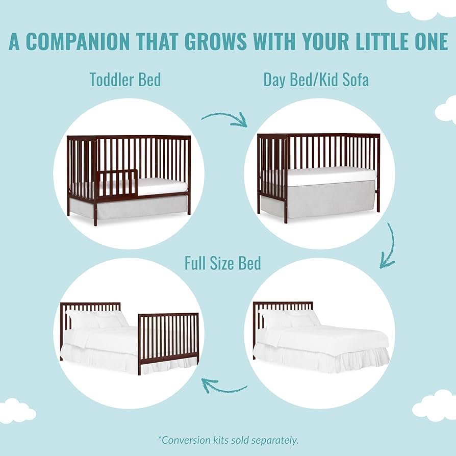 Convertible crib transforming into a toddler bed with safety rail