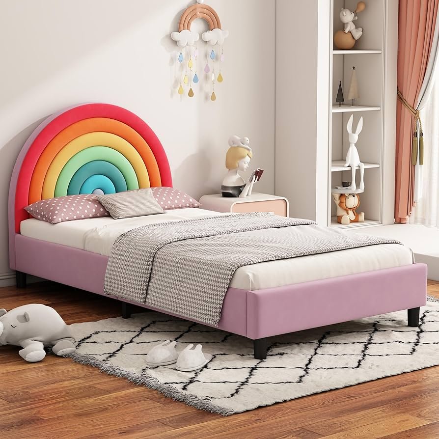 Colorful rainbow-themed kids' bed with vibrant hues and playful design