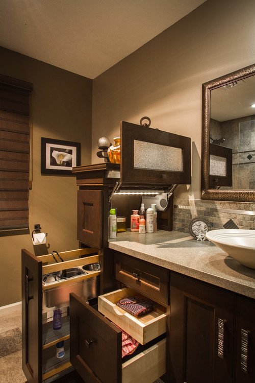 Image showing hidden storage compartment in a bathroom cabinet with concealed shelves, optimizing space and maintaining a clutter-free environment