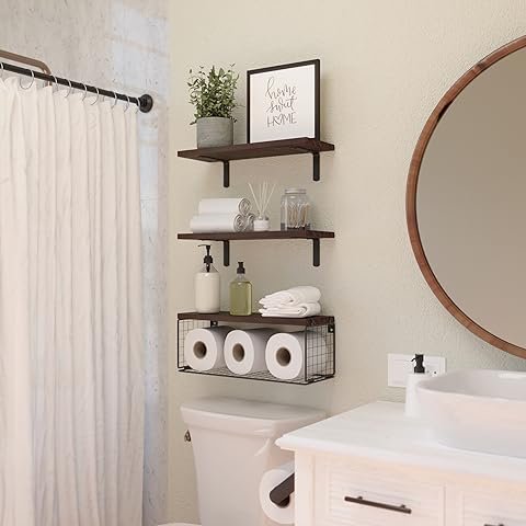 Floating shelves in a bathroom, showcasing minimalist design and efficient use of space