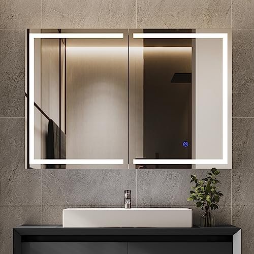 Mirrored bathroom cabinet with integrated lighting, enhancing functionality and modern design