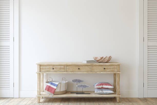 Rustic hallway console table with drawers and bottom shelf for storage, featuring decorative items, 2024 trend