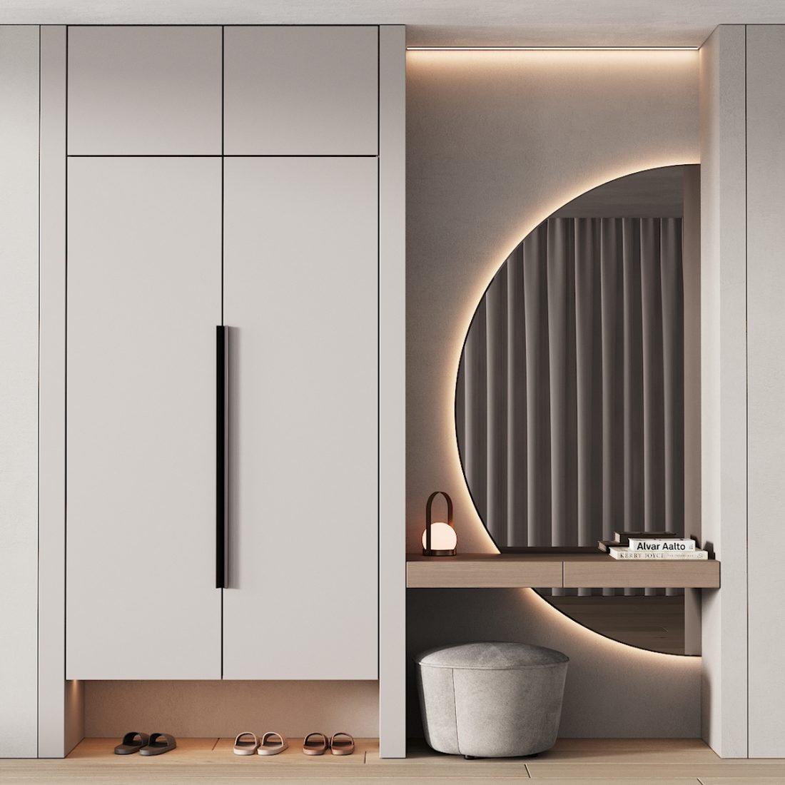 Modern wall cabinet with a decorative mirror in a hallway, showcasing 2024 furniture trends